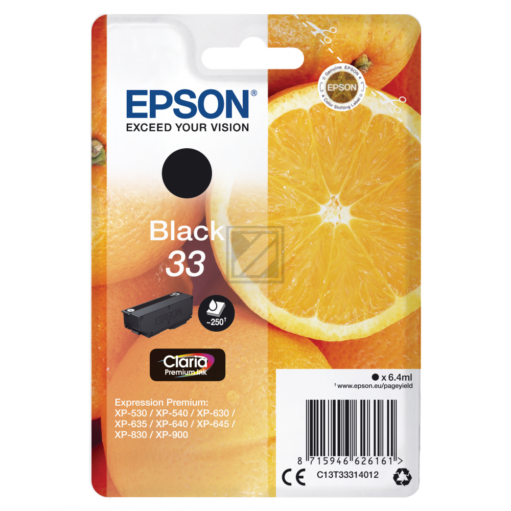 C13T33314012 // 33 / schwarz / original EPSON Tintenpatrone schwarz / C13T33314012 / 250 S. / 6.40 ml