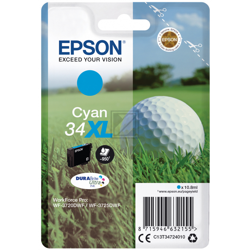 C13T34724010 // 34XL / original EPSON Tintenpatrone cyan / C13T34724010 / 950 S. / 10.80 ml
