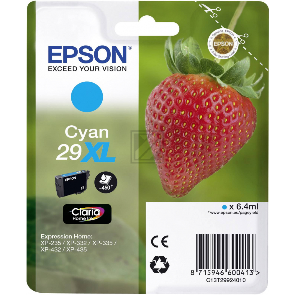 C13T29924010 // 29XL / cyan / original EPSON Tintenpatrone cyan / C13T29924010 / 450 S. / 6.40 ml