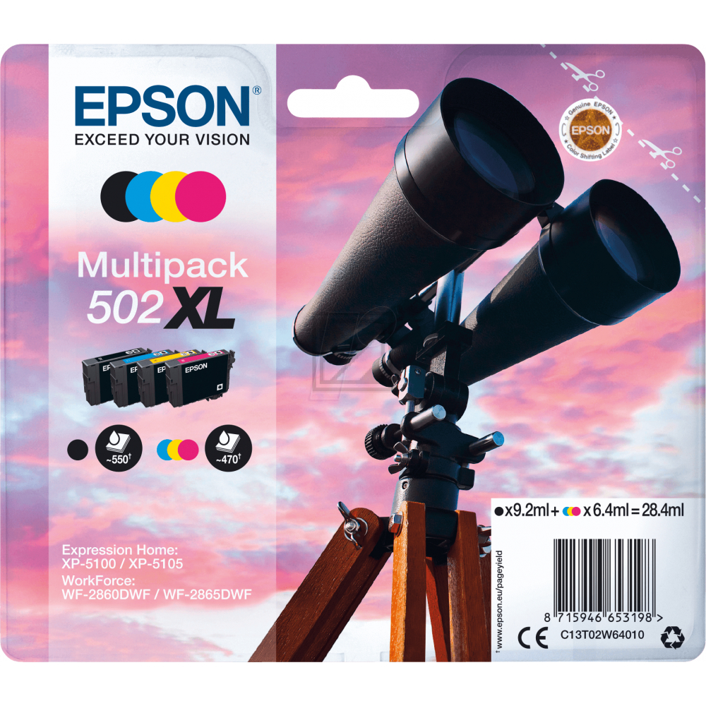 C13T02W64010 // EPSON Tint. 502XL/T02W64 Mult. / C13T02W64010 // bk 9,2 ml CMY je 6,4 ml