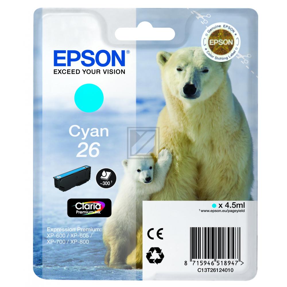 C13T26124010 // 26 / cyan / original EPSON Tintenpatrone cyan / C13T26124010 / 300 S. / 4.50 ml