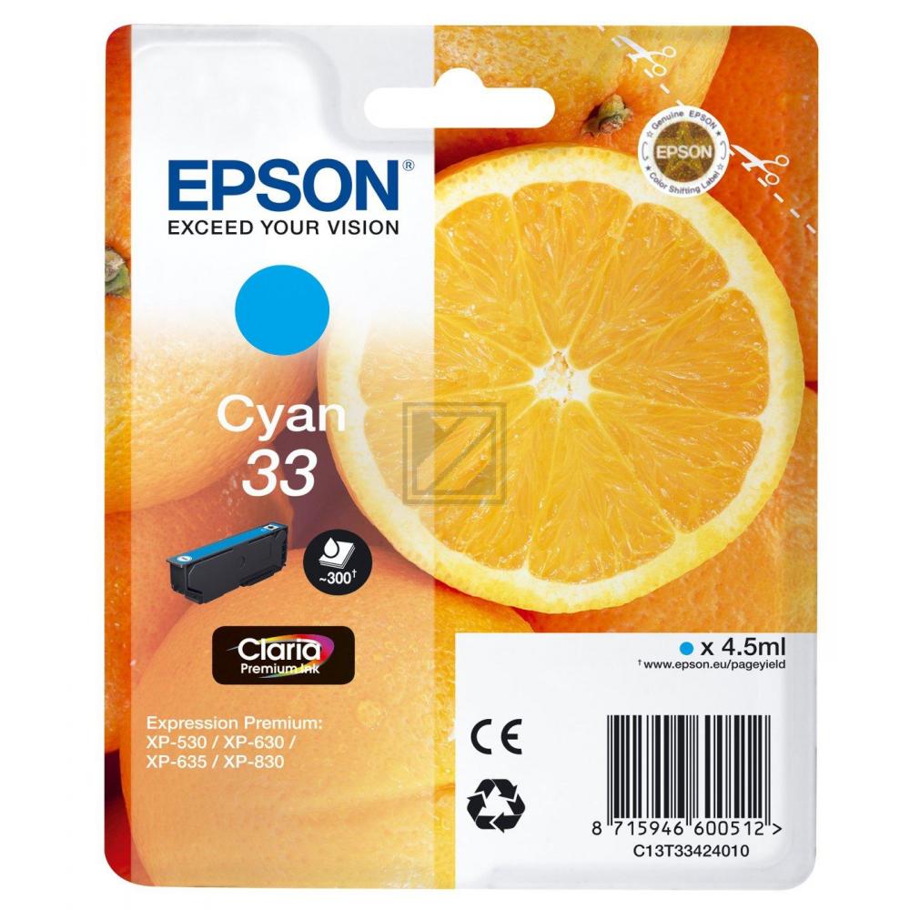 C13T33424012 // 33 / cyan / original EPSON Tintenpatrone cyan / C13T33424012 / 300 S. / 4.50 ml