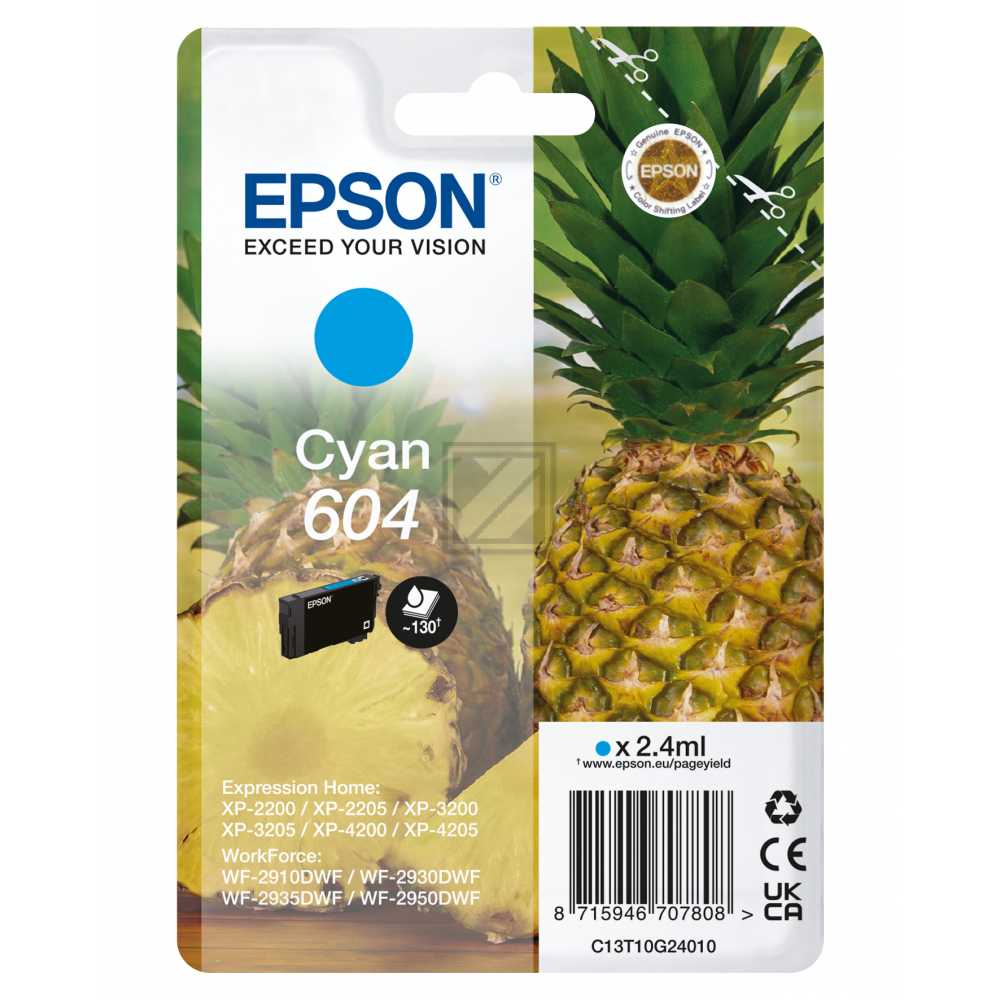 C13T10G24010 // 604 / original EPSON Tintenpatrone cyan / C13T10G24010 / 130 S. / 2.40 ml