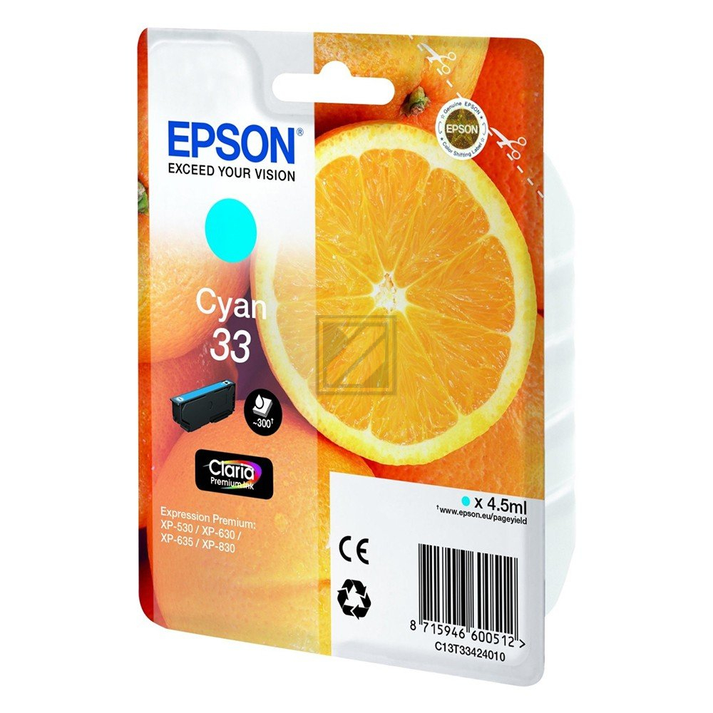 C13T33424012 // 33 / cyan / original EPSON Tintenpatrone cyan / C13T33424012 / 300 S. / 4.50 ml